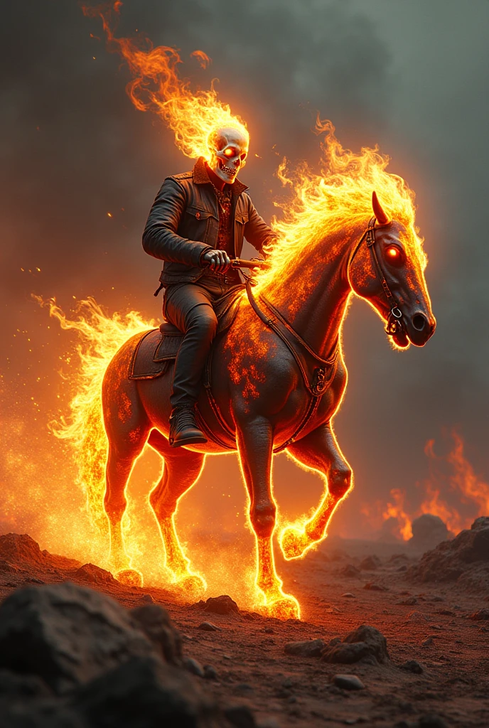 É um cowboy, has a skeleton head on fire, usa um chapeu de cowboy, has weapons on his waist, and there's a horse on fire