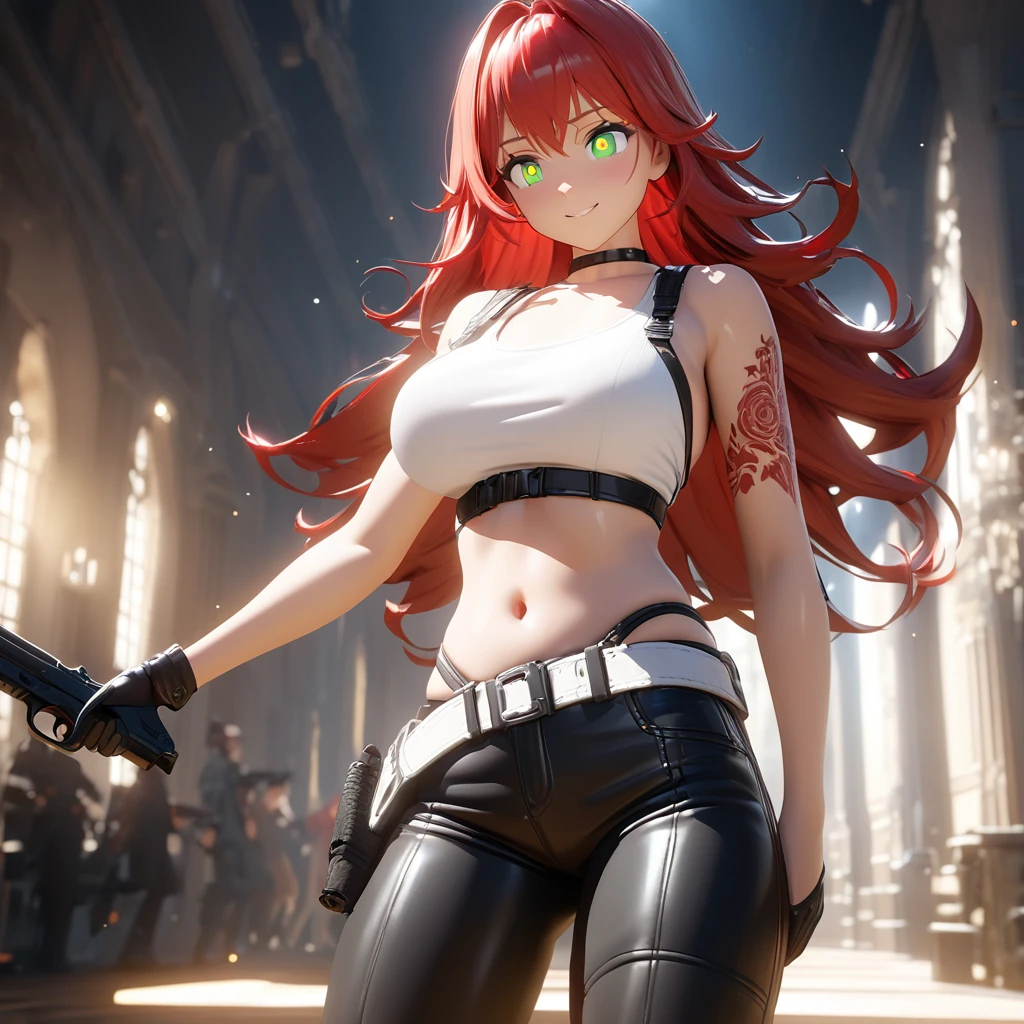 Sharon, red hair. brown eyes,  rose tattoo,  short hair, 
standing, upper body, belt,  black pantyhose,   black underwear,  black elbow gloves,  black bra,  black gloves, 
night,  city, police station,  smile, 
(insanely detailed, masterpiece, best quality), 
 <lora:Sharon:0.7>