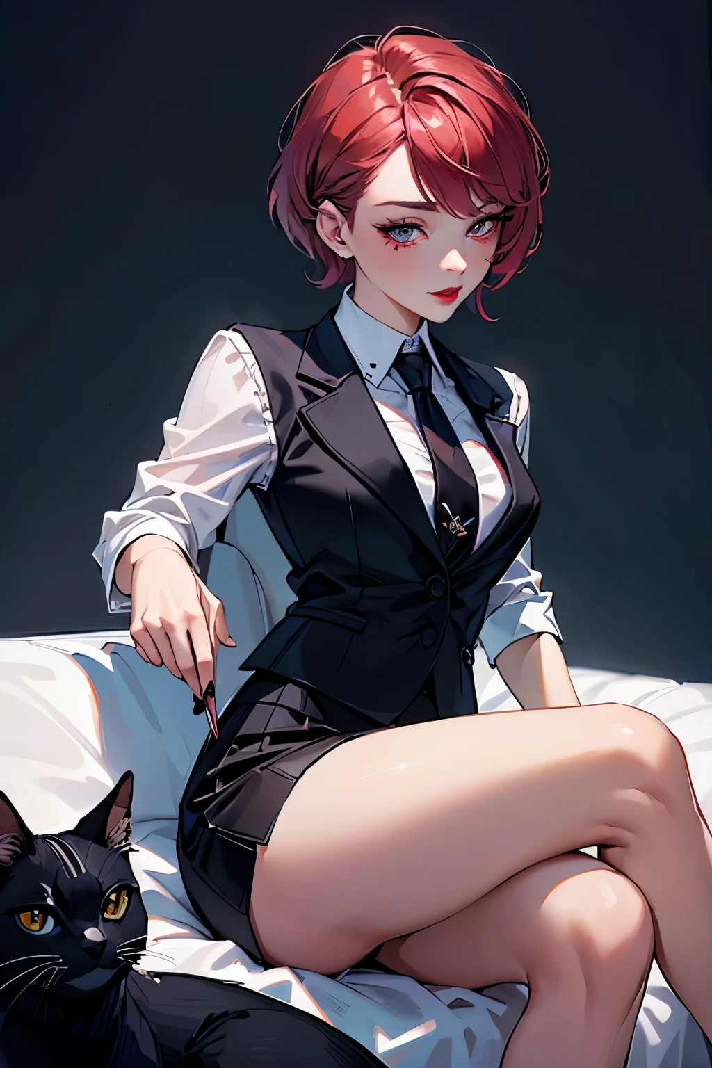 (highest quality:1.2), a 20-years-old official lady and  a black cat in an office room. From side view, a photorealistic cute lady, detailed noble face, European faces like a doll, heavily make-up faces with cruel smile, bright eyes with heavy dark eyeshadow, dark bloody-red lip,Short-cut pink hair, upper body portrait above the knees, wearing business suits, wearing tie, wearing tight-skirt.