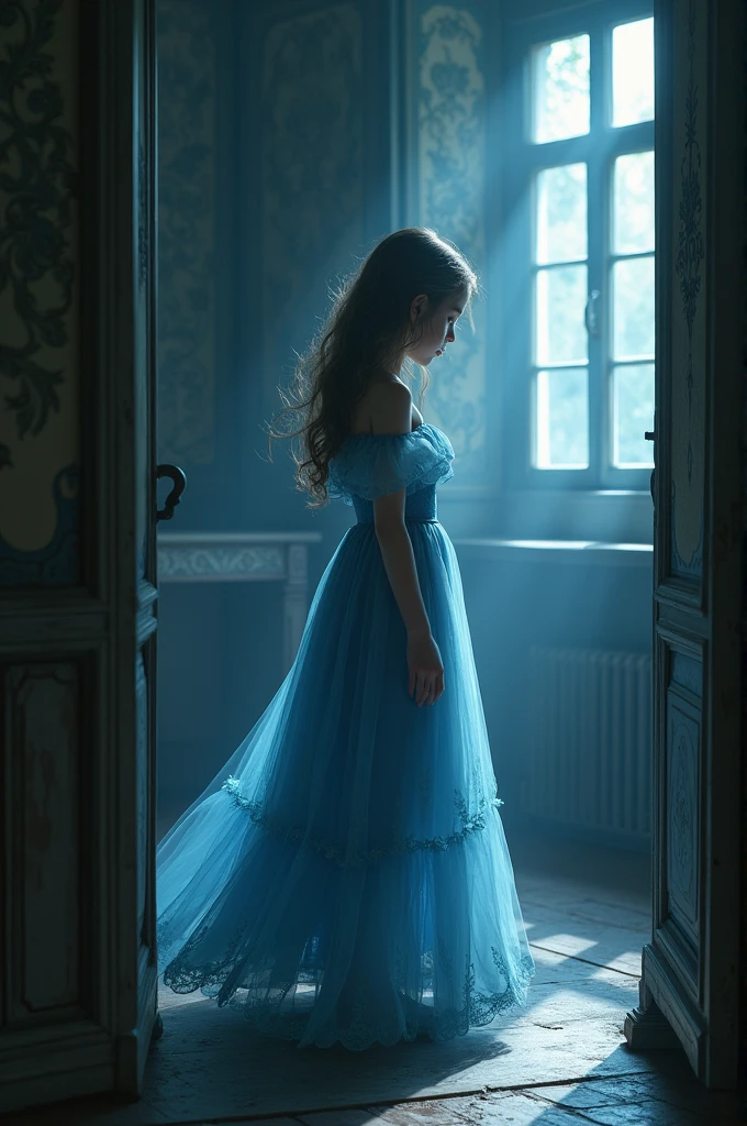 running, full body, Epic photo of Aurore is a young girl of about 11-12 years old, in intricate embellishments and geometric patterns and designs, photography, cinematic, She has brown hair and gray eyes. She is rather shy, but is wise, thoughtful and intelligent, long dress, sunlight, ethereal lighting, light blue and light white, digital art techniques, cyan neon lighting in the background, ethereal portraiture, tonalist color scheme, pensive stillness, aquamarine and cyan,