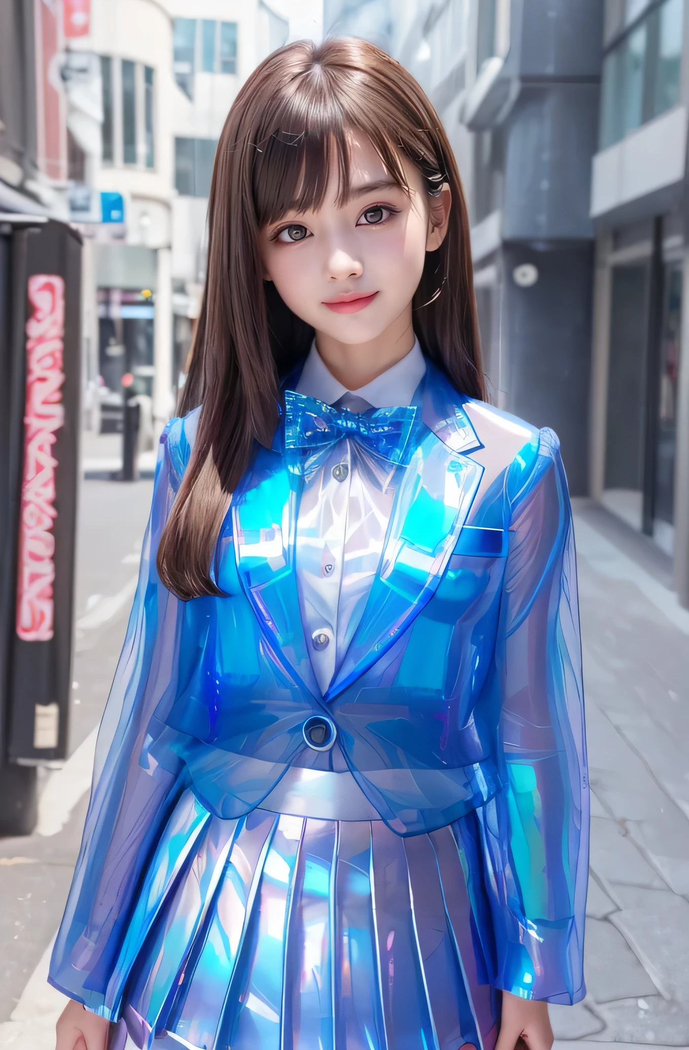 Angelic Very beautiful cute girl,
Beautiful detailed eyes, v-Line jaw,
Detailed double eyelids,
(Large eyes:1.4),
Long straight brown hair,
see-through bangs,
Sharp Focus,
beautiful detailed face and eyes, sixteen years old,
drooping eyes,(super shiny metallic dark blue pleated skirt:1.4),BREAK
(Super Shiny white holographic shirt:1.3),School uniform,
(Uniform with ultra reflective surface:1.3),(light Blue Ribbon Tie:1.2),bow tie,
small nose,
small mouth,
happy smiling with visible teeth,
(Best Quality:1.2),
Raw photo,
High resolution,
perfect detail,
Professional Photography,
Professional Lighting,
Strong lighting in uniform,in the school