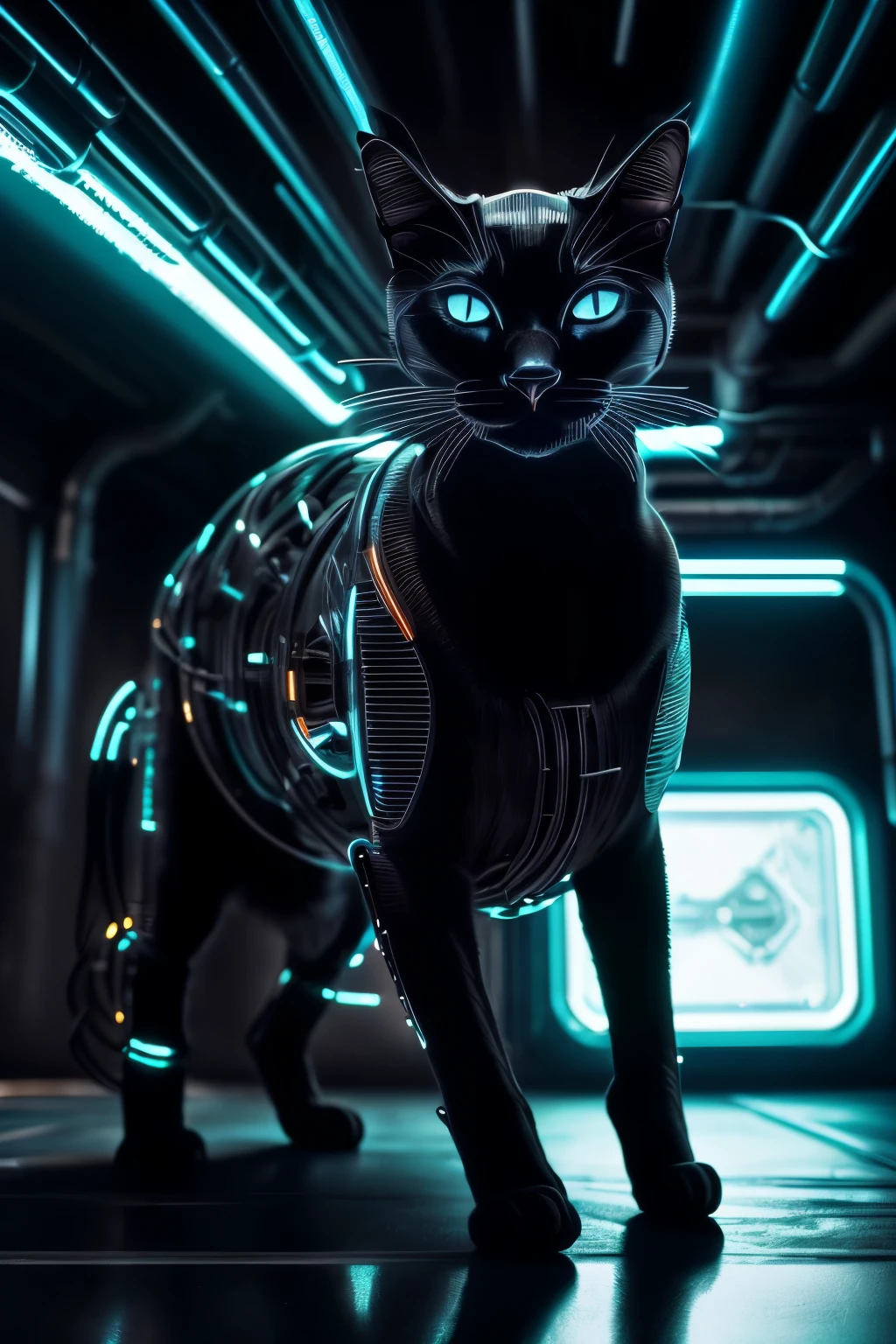a ((black cat) made out of metal) is walking the duct pipe, glowing the body, looks aggressive, cyborg, cyberpunk style, ((metalic details)), hdr, ((intricate details, hyperdetailed)), full body portrait
