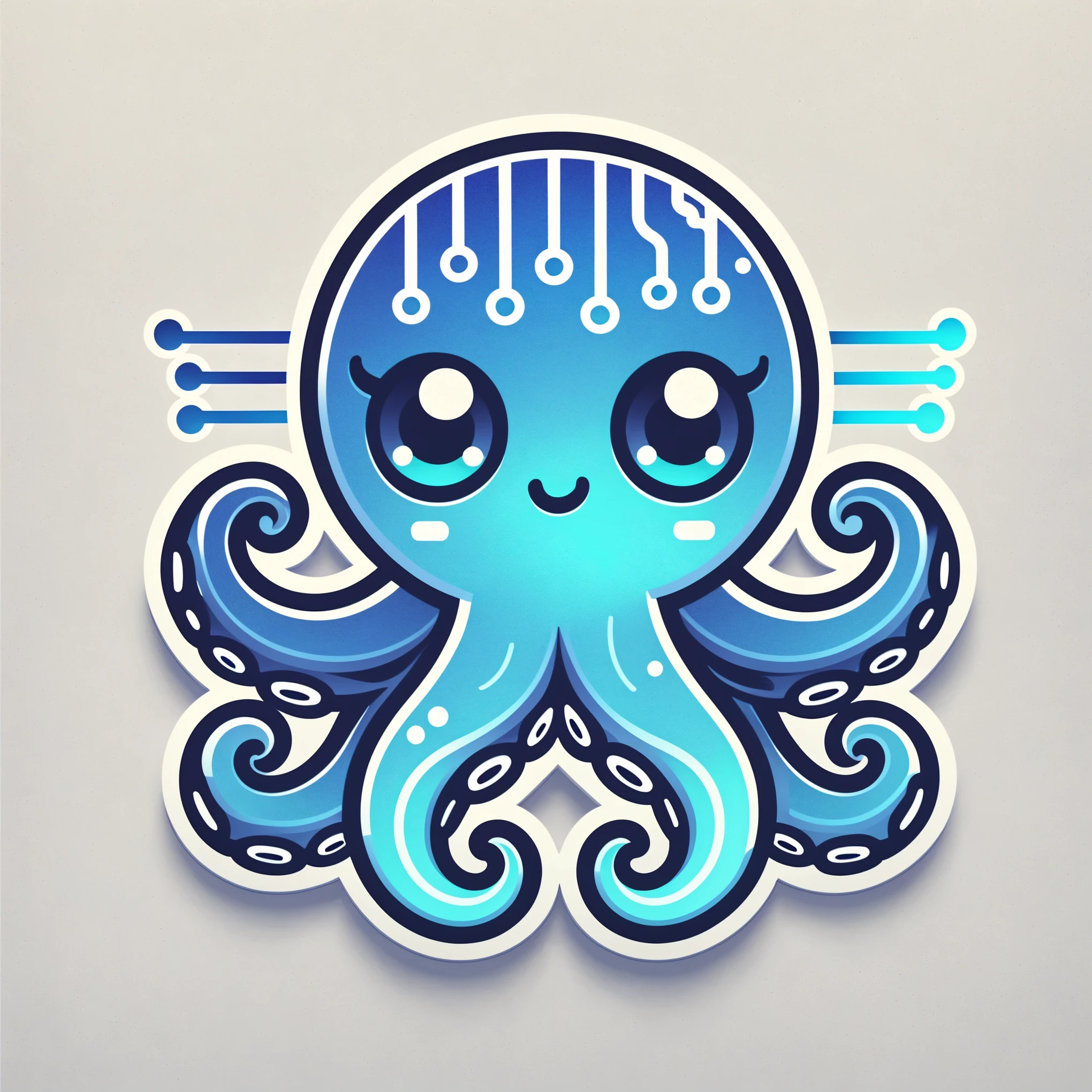 kawaii vector-style digital art illustration of an adorable octopus mascot with six tentacles, combining a playful and tech-inspired aesthetic with smooth gradients style, set in centrally on a plain white background with no shadows, with a friendly, cute, and futuristic mood, with a octopus is centrally placed with tentacles subtly curled. Circuit board patterns adorn its head and tentacles composition, using a body and tentacles showcase a gradient inspired by the seaart.ai logo, moving from light cyan to deep navy blue, with highlights of white and soft blue tones color palette, with soft, diffuse lighting, without strong shadows lighting, featuring smooth, digital texture with glowing circuit elements on the tentacles, giving a polished and high-tech appearance texture, from a front-facing perspective, a neutral yet welcoming stance, with its eyes wide open and a gentle smile.