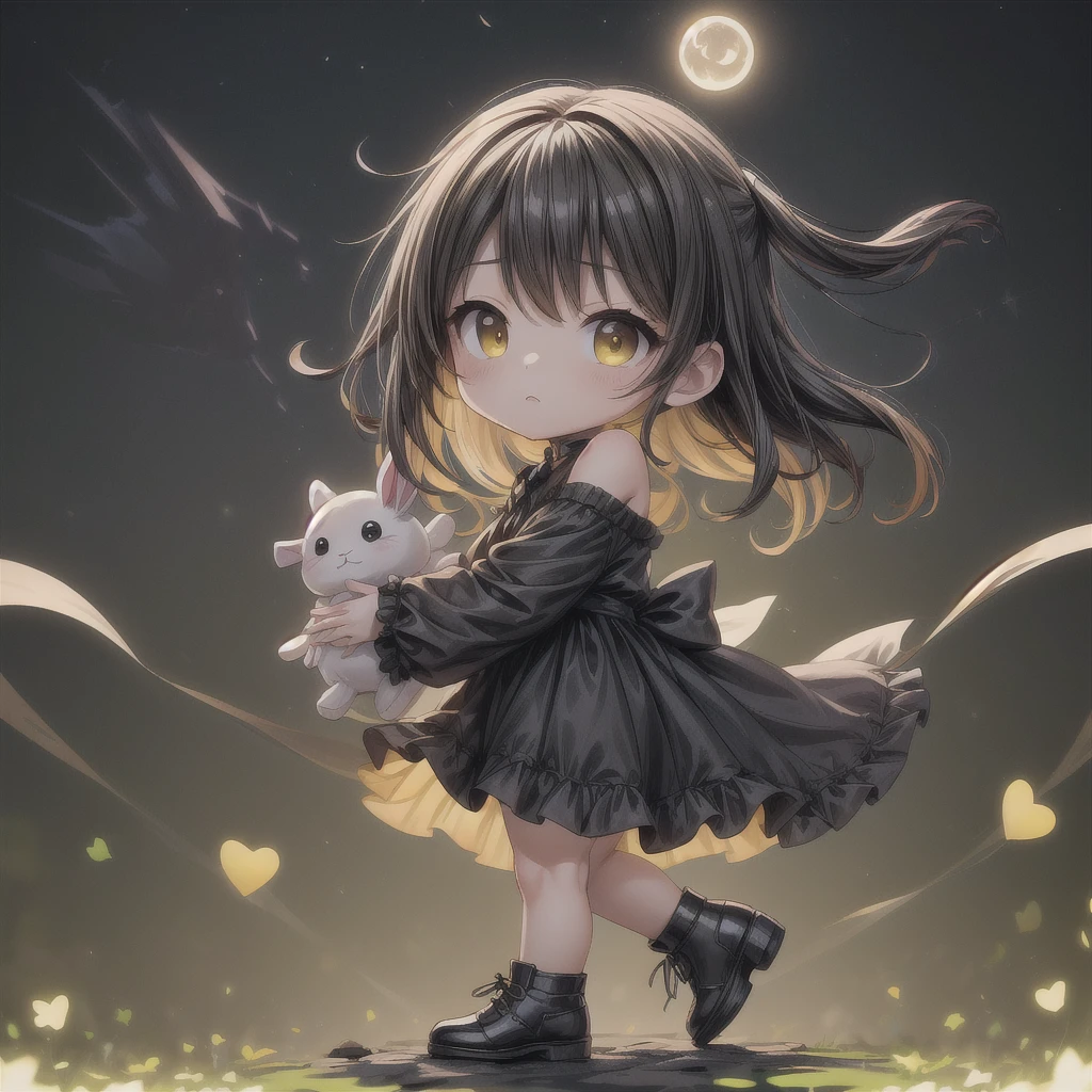 Chibi、Lime Background、Black clothes、Common sense stands on long sleeves、Shoulders are exposed、One piece flare skirt、Holding a stuffed rabbit in one hand、Black and lime palette、Gothic Shoes、In front of the audience、Black Rose、🌙、Perfect Anatomy、heart、