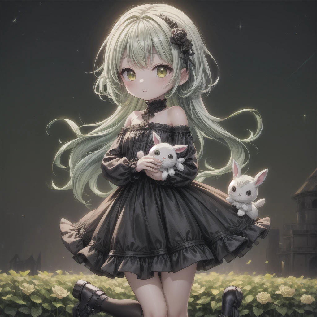 Chibi、Lime Background、Black clothes、Common sense stands on long sleeves、Shoulders are exposed、One piece flare skirt、Holding a stuffed rabbit in one hand、Black and lime palette、Gothic Shoes、In front of the audience、Black Rose、🌙、Perfect Anatomy、heart、