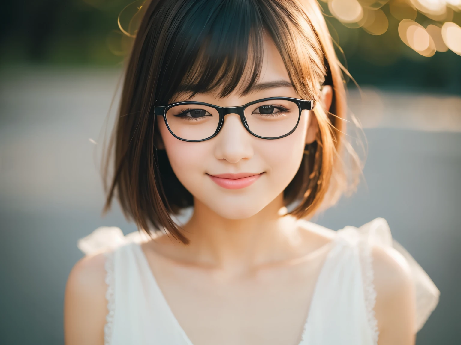 Beautiful young girl,Glasses with narrow frames,Face lighting,最high quality, ((((Very smiling,Summer women's clothing,Beautiful feet,Cafe,evening))),非常にBeautiful detailsな顔, (Slender body:1.4), (Detailed face:1.2), Conceptual Art, high quality, Realistic, Very detailed CG 統合 8k 壁紙, Very detailed, High resolution raw color photos, Professional photography, Cinematic Light, Beautiful details, Super detailed, Advanced Details, Depth of written boundary, Super stylish lighting, (Beautiful small chest:1.2), Smooth and flawless skin, Expressive and captivating eyes, Well-defined facial features, A perfectly balanced face, Fine Details and Realistic Textures,Blurred Background