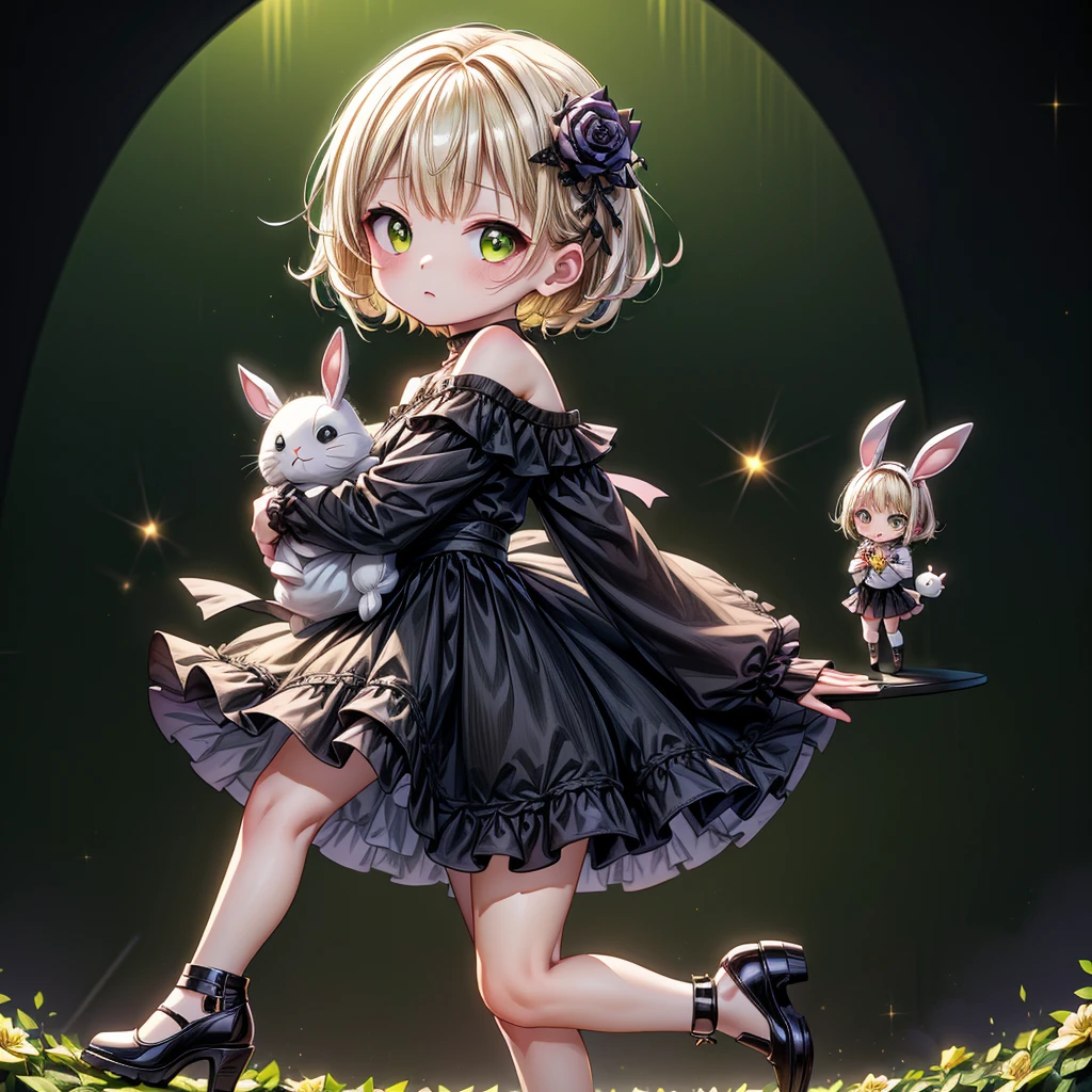 Chibi、Lime Background、Black clothes、Common sense stands on long sleeves、Shoulders are exposed、One piece flare skirt、Holding a stuffed rabbit in one hand、Black and lime palette、Gothic Shoes、In front of the audience、Black Rose、🌙、Perfect Anatomy、heart、