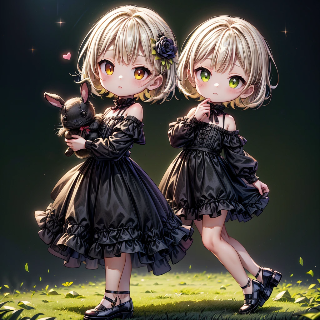 Chibi、Lime Background、Black clothes、Common sense stands on long sleeves、Shoulders are exposed、One piece flare skirt、Holding a stuffed rabbit in one hand、Black and lime palette、Gothic Shoes、In front of the audience、Black Rose、🌙、Perfect Anatomy、heart、