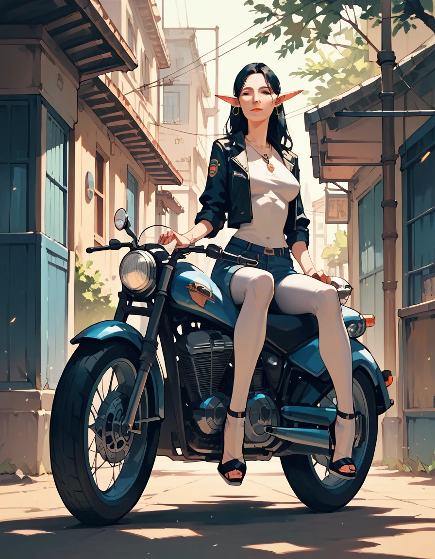 score_9, score_8_up, score_7_up, score_6_up, score_5_up, score_4_up, (masterpiece, best quality:1.2), highly detailed, illustration, mature woman, elf ears, black hair, skinny body, motorcycle pilot