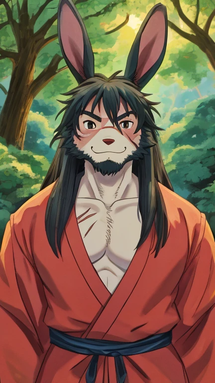 (male, solo, bunny), highly insanely detailed, masterpiece, top quality, best quality, highres, 4k, 8k, RAW photo),((innocent look)),((ghibli style)),From the front, symmetrical composition,smile,cute,Innocent,Kind eyes,Flat chest,digital art Style, Japanese garden, (musashi miyamoto),front view, Upper body, plain kimono,scar,long hair,beard