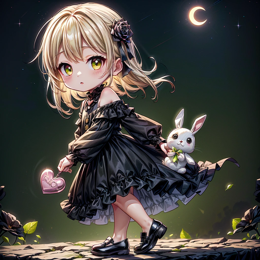 Chibi、Lime Background、Black clothes、Common sense stands on long sleeves、Shoulders are exposed、One piece flare skirt、Holding a stuffed rabbit in one hand、Black and lime palette、Gothic Shoes、In front of the audience、Black Rose、🌙、Perfect Anatomy、heart、