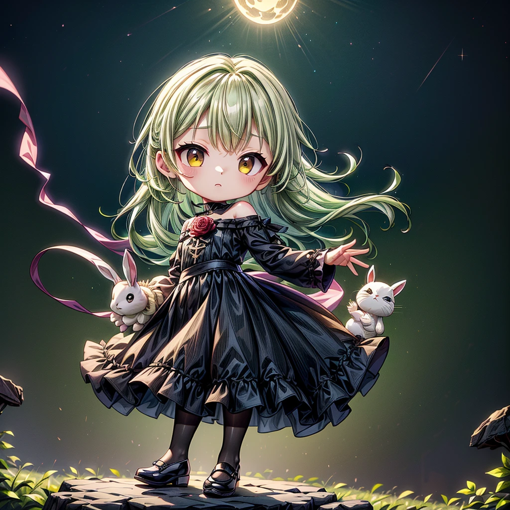 Chibi、Lime Background、Black clothes、Common sense stands on long sleeves、Shoulders are exposed、One piece flare skirt、Holding a stuffed rabbit in one hand、Black and lime palette、Gothic Shoes、In front of the audience、Black Rose、🌙、Perfect Anatomy、heart、