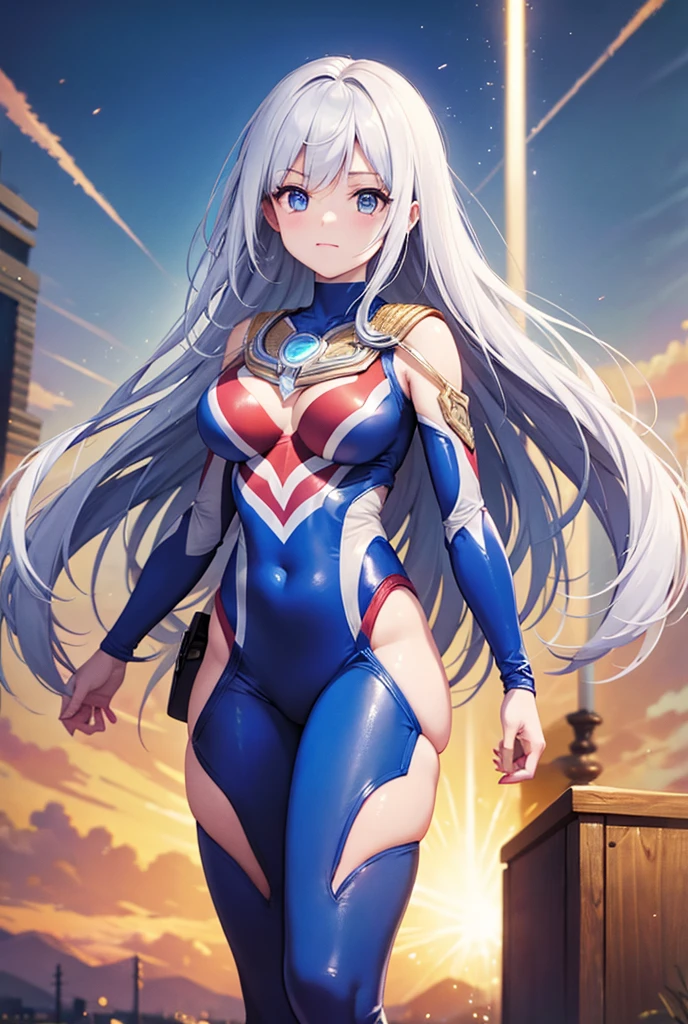 extremely detailed CG unreal engine 8k, best quality, (detailed fingers, detailed hands, detailed face), all intricate, 1girl, beautiful detailed girl, (ultragirl :1.0), ultraman bodysuit, leotard, bare legs, upper body, smile, thumbs up, stylish posing, hand on hip, standing, detailed buildings behind, outside
