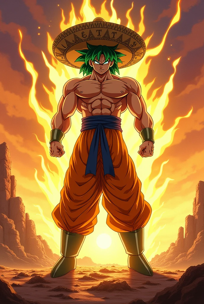 masterpiece, best quality, bold, colorful, anime, illustration, solo, dynamic pose, looking at viewer, detailed face, 1boy, dragonball, muscular, broly, legendary super saiyan, green hair, white eyes, golden necklace, red waist robe, white baggy pants, golden shoes, golden bracelets, r1ge, blue aura, electricity, <lora:r1ge - AnimeRage:0.3>    <lora:Broly_LoRA:0.5>