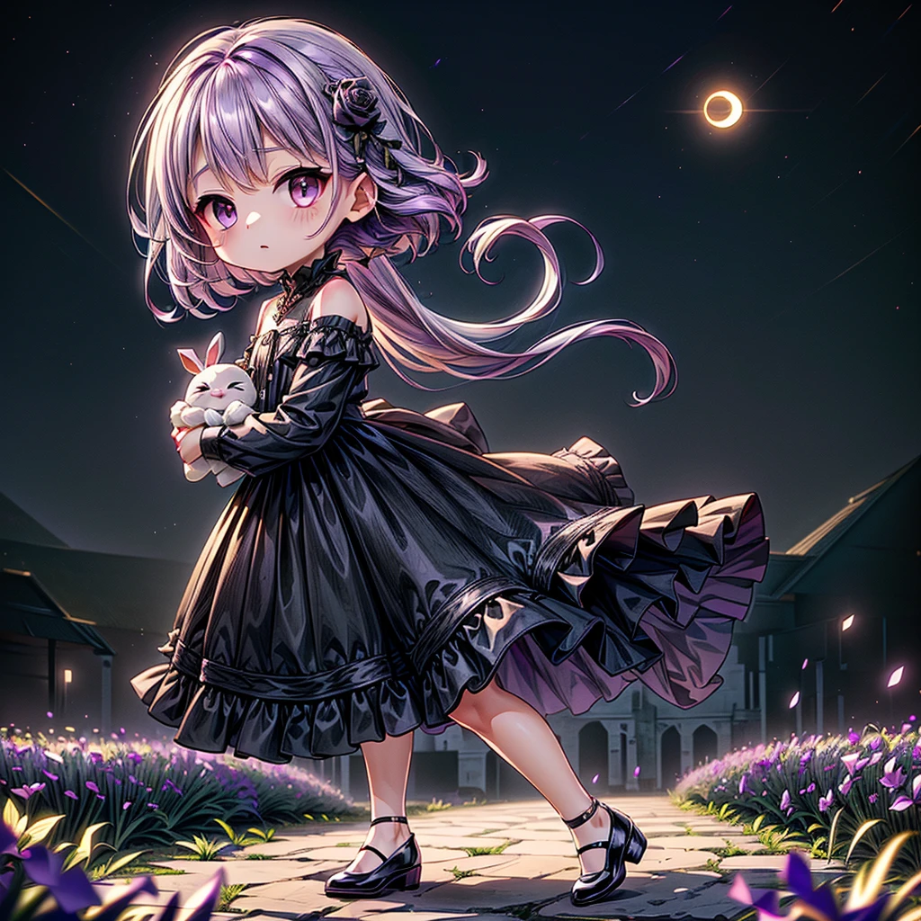 Chibi、Lavender Background、Black clothes、Common sense stands on long sleeves、Shoulders are exposed、One piece flare skirt、Holding a stuffed rabbit in one hand、Black and lavender palette、Gothic Shoes、In front of the audience、Black Rose、🌙、Perfect Anatomy、heart、