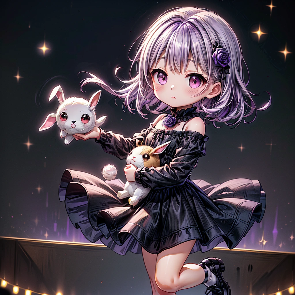 Chibi、Lavender Background、Black clothes、Common sense stands on long sleeves、Shoulders are exposed、One piece flare skirt、Holding a stuffed rabbit in one hand、Black and lavender palette、Gothic Shoes、In front of the audience、Black Rose、🌙、Perfect Anatomy、heart、