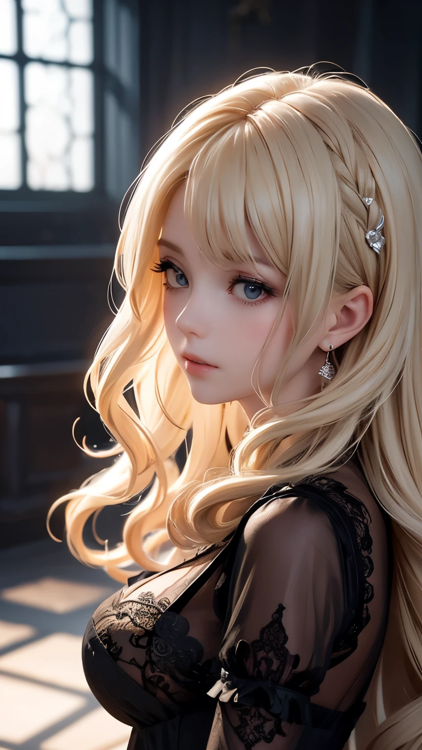 Light blonde hair, soft loose curls, black lace dress with intricate detailing, elegant and mysterious atmosphere, indoor setting, soft directional lighting from the left, smooth pale skin, reflective and contemplative pose with a hand near the face, dark and moody background, close-up shot with shallow depth of field highlighting the texture and intricate design of the dress.