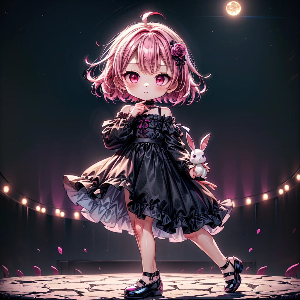 Chibi、Magenta Background、Black clothes、Common sense stands on long sleeves、Shoulders are exposed、One piece flare skirt、Holding a stuffed rabbit in one hand、Magenta Palette、Gothic Shoes、In front of the audience、Black Rose、🌙、Perfect Anatomy、heart、