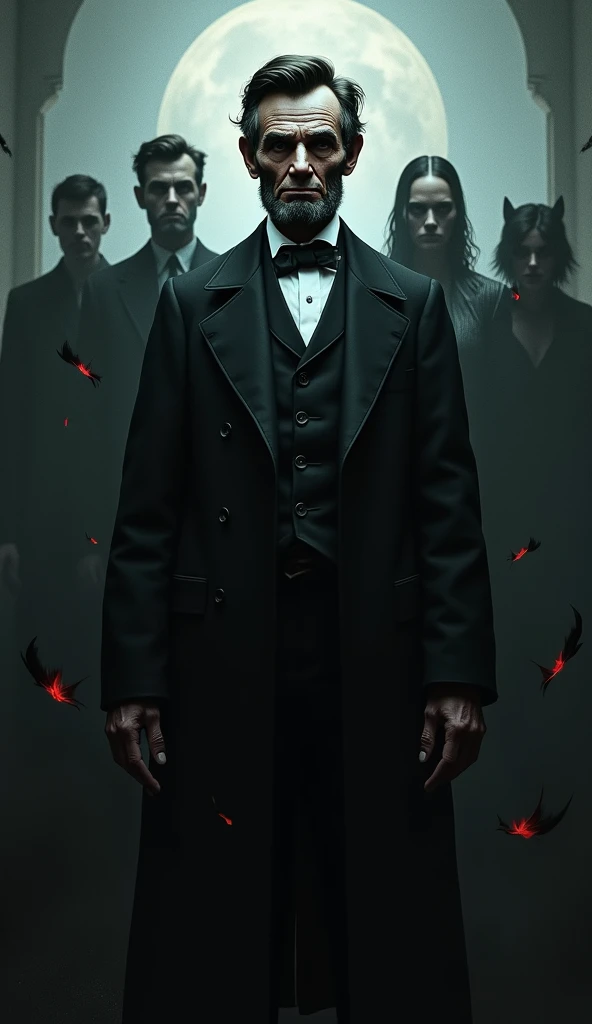 (masterpiece、top-quality、hight resolution、Unity 8k Wallpaper、extremely details CG:1), In a dramatically lit room with an eerie and old-fashioned ambiance, the main cast of the B-movie stands together. The protagonist, a rugged and determined explorer, stands at the center, looking confident. To his side, the heroine, a poised and knowledgeable descendant of the haunted mansion's original family, stands with a serious expression. Behind them, the fearsome enemy, a monstrous figure of a long-missing criminal, looms ominously. The skeletal butler, dressed in a grand suit, stands respectfully to the side, while the advisor, partially embedded in a wall with only his head and arm free, offers a supportive gaze. The entire group is posed with a sense of unity and readiness for the supernatural adventure ahead.