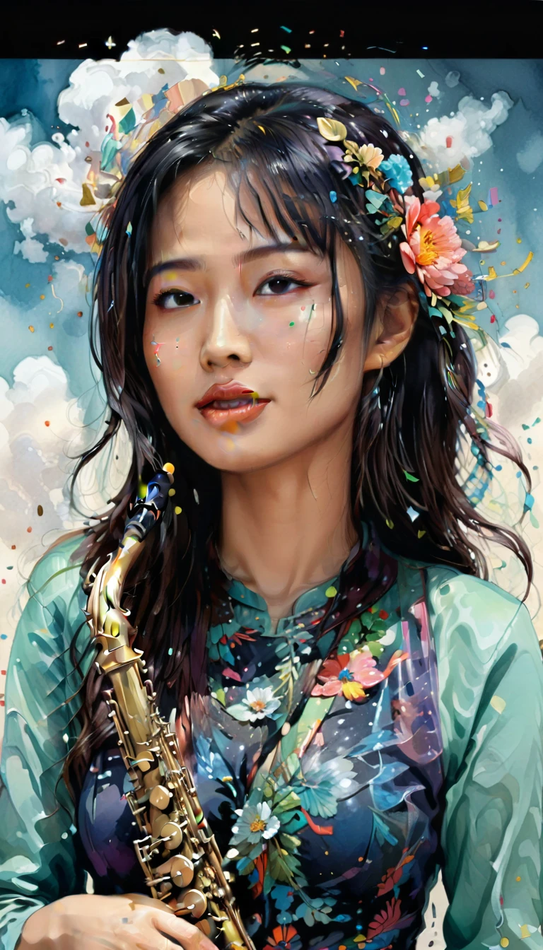 Perfect face, gouache, ink, line sketch, Fauvism style, painting of an asian woman with a saxophone and a cloud of confetti, side profile artwork, beautiful artwork, art of alessandro pautasso, saxophone, extremely high quality artwork, a beautiful artwork illustration, beautiful digital artwork, artistic illustration, beautiful painting of a tall, by Keith Mallett, stunning artwork, beautiful art, exquisite digital illustration, funk art, beautiful digital illustration,chan-wong,Dan Mumford, Andy Kehoe, Luis Royo. Vintage, flowers,  graceful features, delicate, exquisite workmanship,chan-wong 