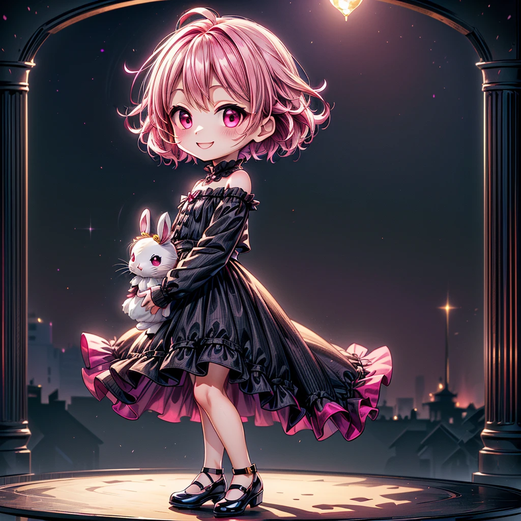 Chibi、Magenta Background、Black clothes、Common sense stands on long sleeves、Shoulders are exposed、One piece flare skirt、Holding a stuffed rabbit in one hand、Magenta Palette、Gothic Shoes、In front of the audience、Black Rose、🌙、Perfect Anatomy、heart、The best smile、