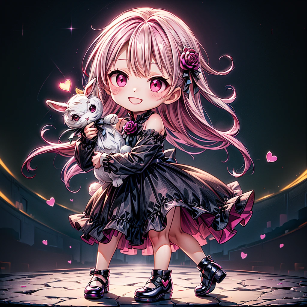 Chibi、Magenta Background、Black clothes、Common sense stands on long sleeves、Shoulders are exposed、One piece flare skirt、Holding a stuffed rabbit in one hand、Magenta Palette、Gothic Shoes、In front of the audience、Black Rose、🌙、Perfect Anatomy、heart、The best smile、