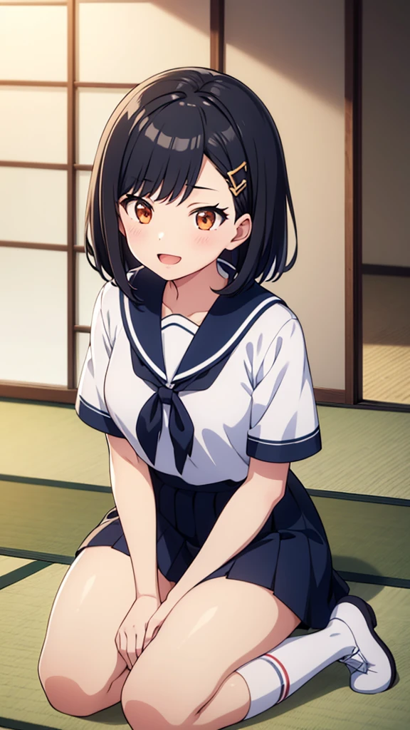 ((masterpiece, Best Quality, Very detailed, Very nice 8K CG wallpaper)), , A little thick, Medium Hair, Dark blue-black hair, Short Hair, Dark orange eyes,judo player、Sailor style uniform、Large bust、Sailor suit、mini skirt、judo、Cute expression、Inside the judo Gymnasium、、On the tatami、discovery、One Girl、whole body、rest、Shiraishi Apricot、Bust size: D cup、幼い頃judo家によって育てられた