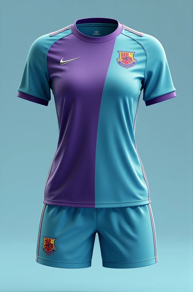 Hello, design me a uniform for a women's soccer team that has a mint blue background., in a t-shirt and shorts, and colors in pink gradient, green mind and purple and purple tights, woman full body looking forward