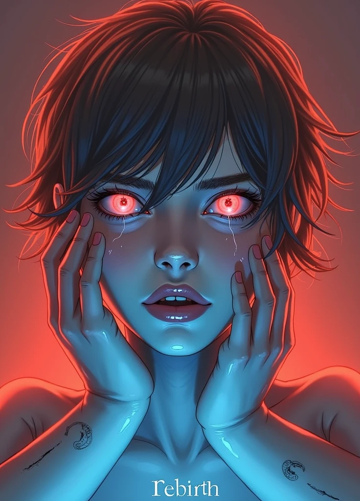 A 1 young woman with 1,65 tall, their appearance is bloody clothes, a hole in the chest, gray hair and blue eyes, she is dead, but live at the same time, fnaf style game