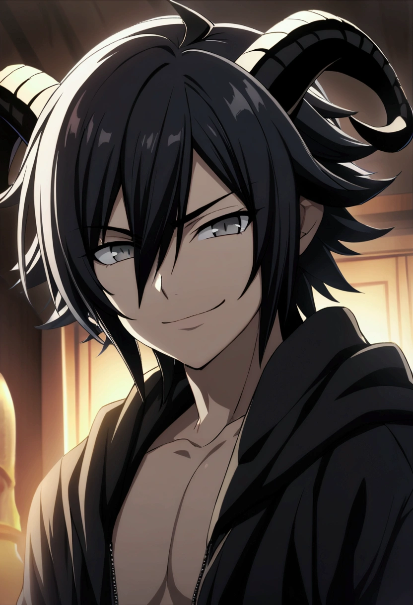 1boy, black hair, hair between eyes, gray eyes, demon boy, CG, goat horns, naughty smile