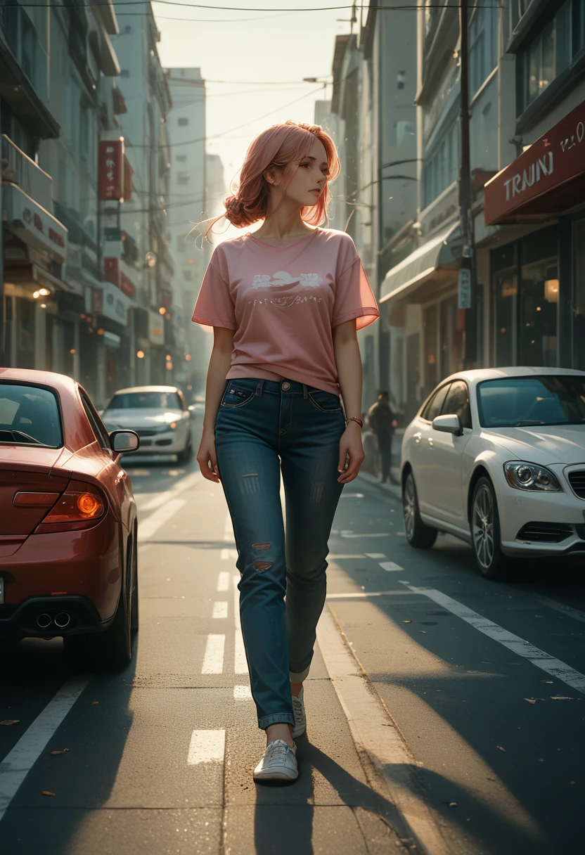 The flow of vision of a beautiful woman, walking down the street, Her pink t-shirt and faded blue jeans, sunlit, a red car drives by in the background, and a world of flickering light.  