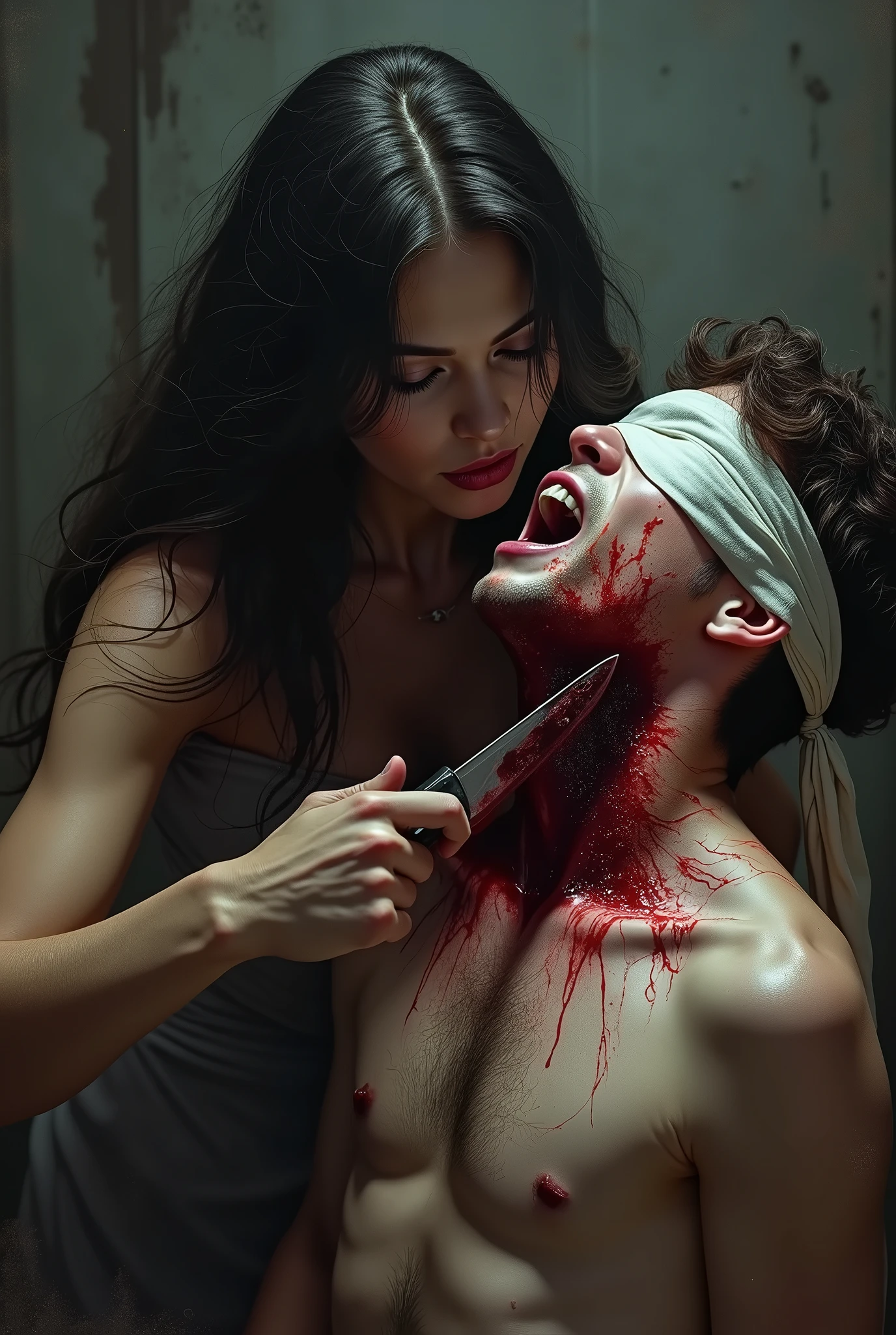 A beautiful Woman knife cut throat A boy handsome neck bloody splash, blindfold, full body, wide open throat