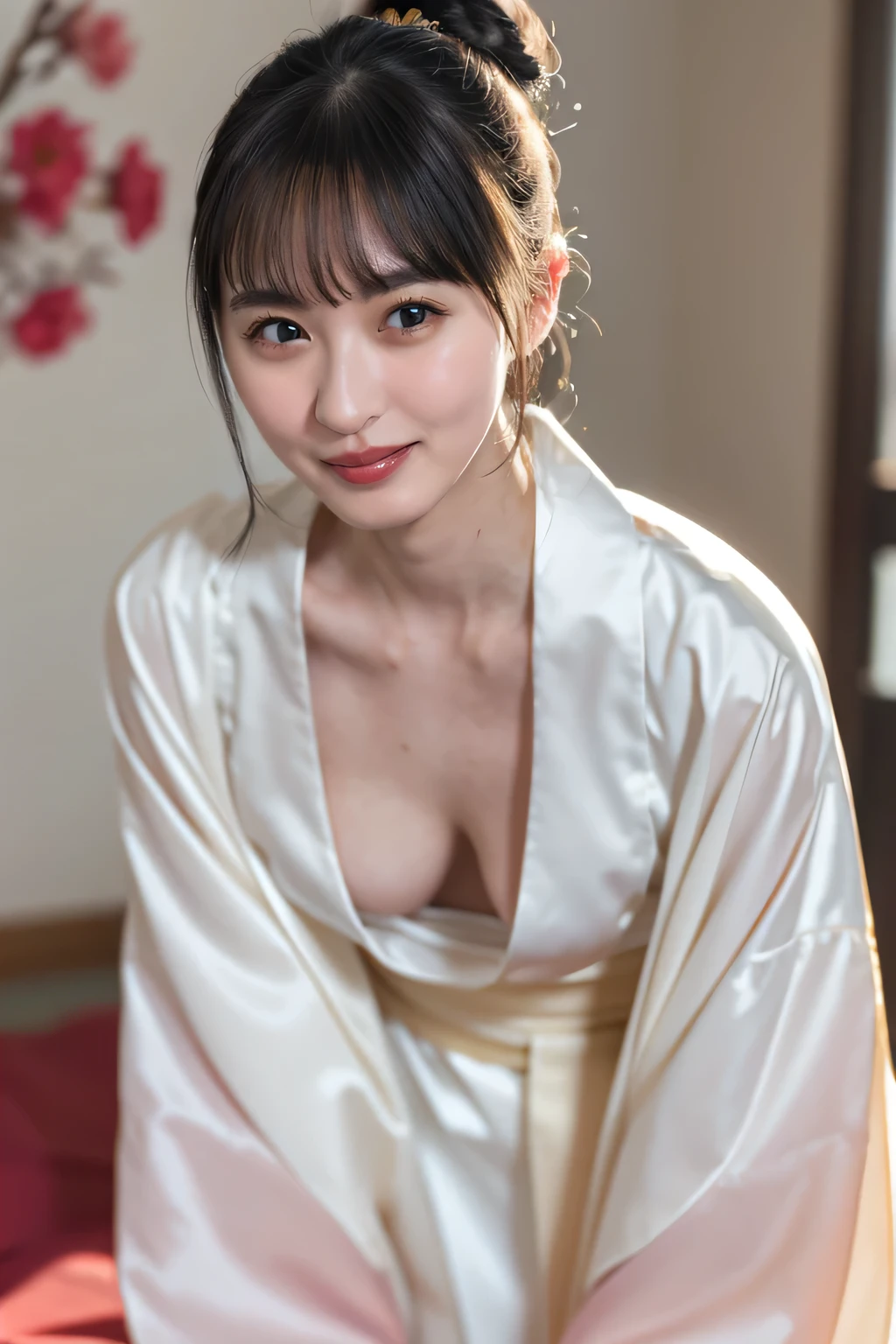 (最high quality、Tabletop、8k、Best image quality、Award-winning works)、(One beautiful mature woman:1.1)、Adult face、(Innkeeper:1.1)、(Elegant floral patterned kimono:1.2)、(A perfect and precise collared kimono:1.2)、Perfect mature woman portrait photo、Glowing Skin、(((Relaxed collar、Leaning forward、Cleavage)))、(Blurred elegant and exquisite perfect Japanese style room background:1.3)、(The most natural and perfect neat Japanese style room background:1.2)、Glowing White Skin、Very white skin、(Accentuate your body lines:1.1)、(The most graceful posture:1.2)、(Small breasts:1.2)、A perfect smile、Perfect beautiful glossy lips、(Accurate anatomy:1.2)、(A perfect and elegant outfit:1.1)、(Stand with good posture:1.1)、(beautiful, high quality, Large kimono obi:1.2)、(Long kimono:1.2)、(Perfect and natural beautiful sleeves:1.2)、(Perfect and natural beautiful collar:1.2)、(Perfect and natural beautiful kimono:1.2)、(Perfect and natural beautiful sleeves:1.2)、(A perfect and natural beautiful obijime:1.2)、(Hair Bun:1.1)、(Face close-up:1.3)