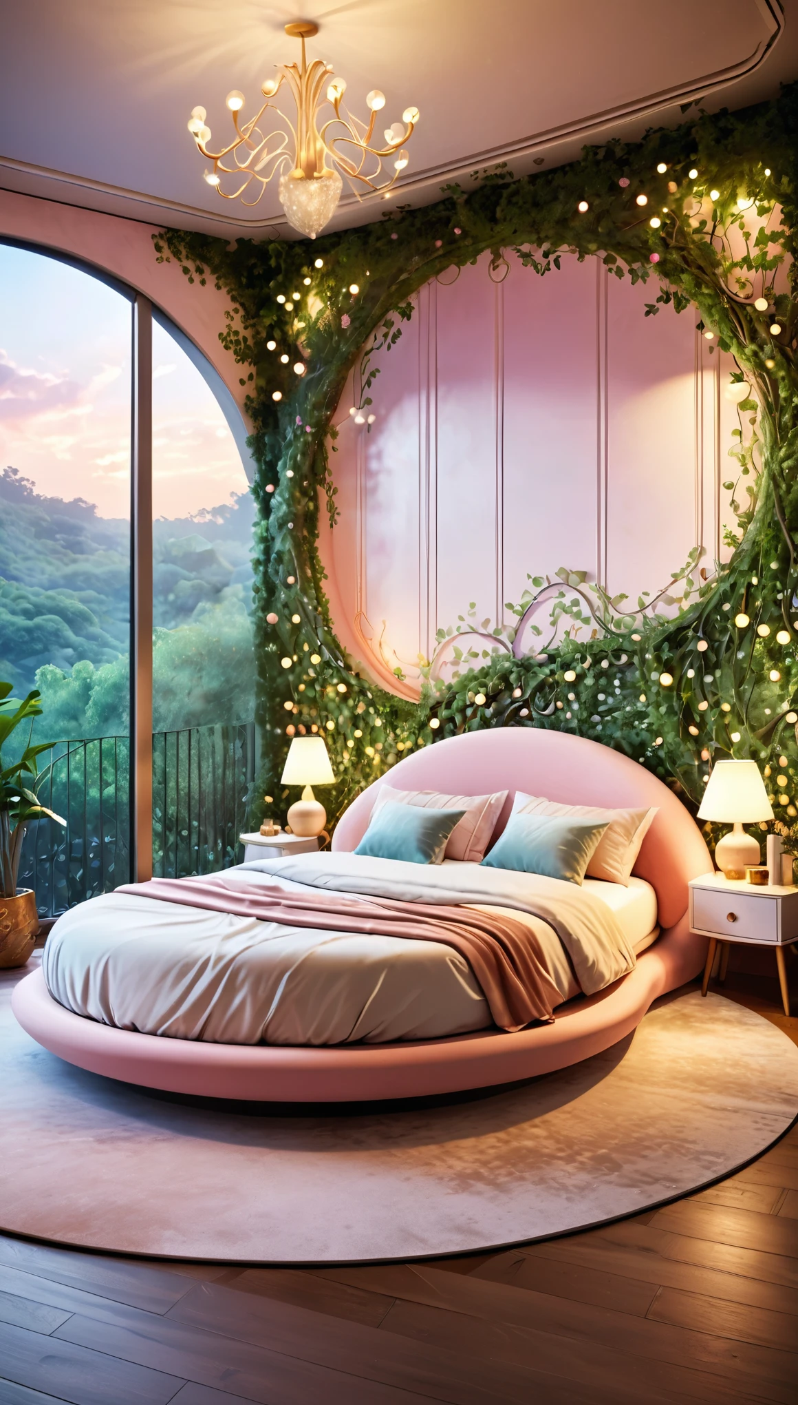 Create a whimsical fantasy-inspired bedroom with a curved, organic design, featuring a round bed and walls covered in vine-like patterns. The room should feel magical, with soft pastel colors and glowing fairy lights. Capture the scene in ultra-realistic, professional-grade photography, focusing on the surreal curves of the furniture, the soft lighting, and the ethereal quality of the space.