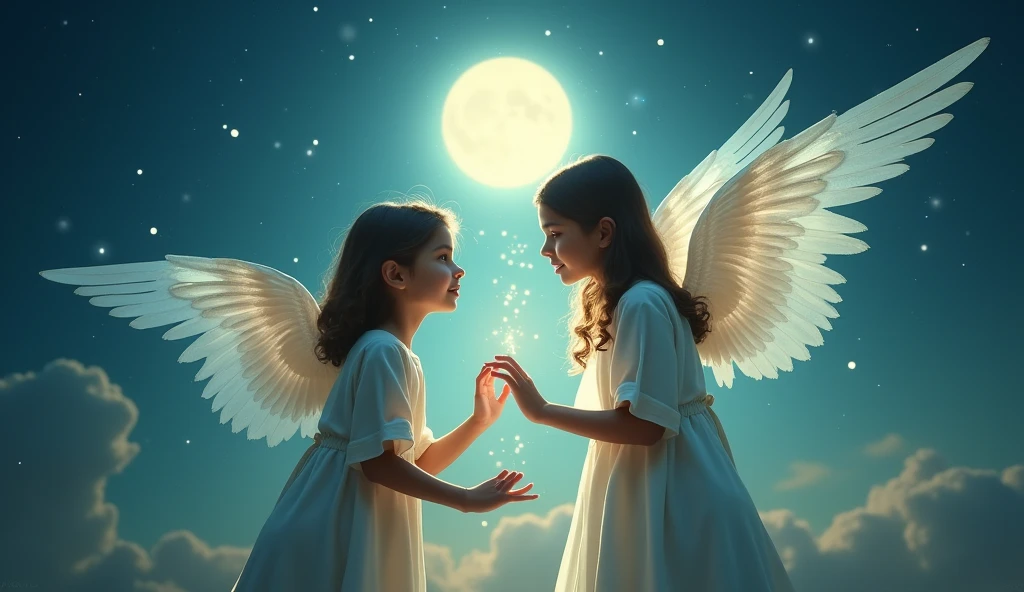 “guardian angels, children, lullaby, starry night, watercolor” This prompt creates an image that features guardian angels with children, a lullaby, a starry night, in watercolor style.