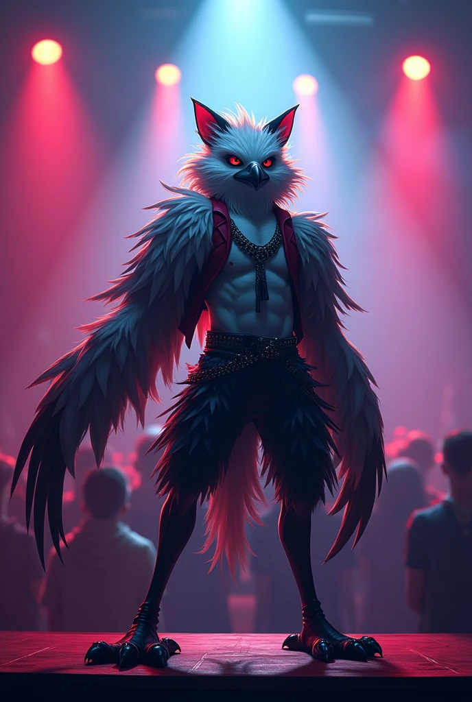 (Masterpiece, high quality, furry commission art, high resolution, detailed), (male gryphon, male, (avian feet, avian legs, talons), glasses, (large sheath), large balls, heavy hanging balls), gold fur, white belly, two tone, blue highlights in hair and on wings, (nude), solo male, 1guy, (beak), avian, (wings on back), (by fluffkevlar, fluff-Kevlar):0.8, confident, scars, flirty, nightclub, party, (dancing)