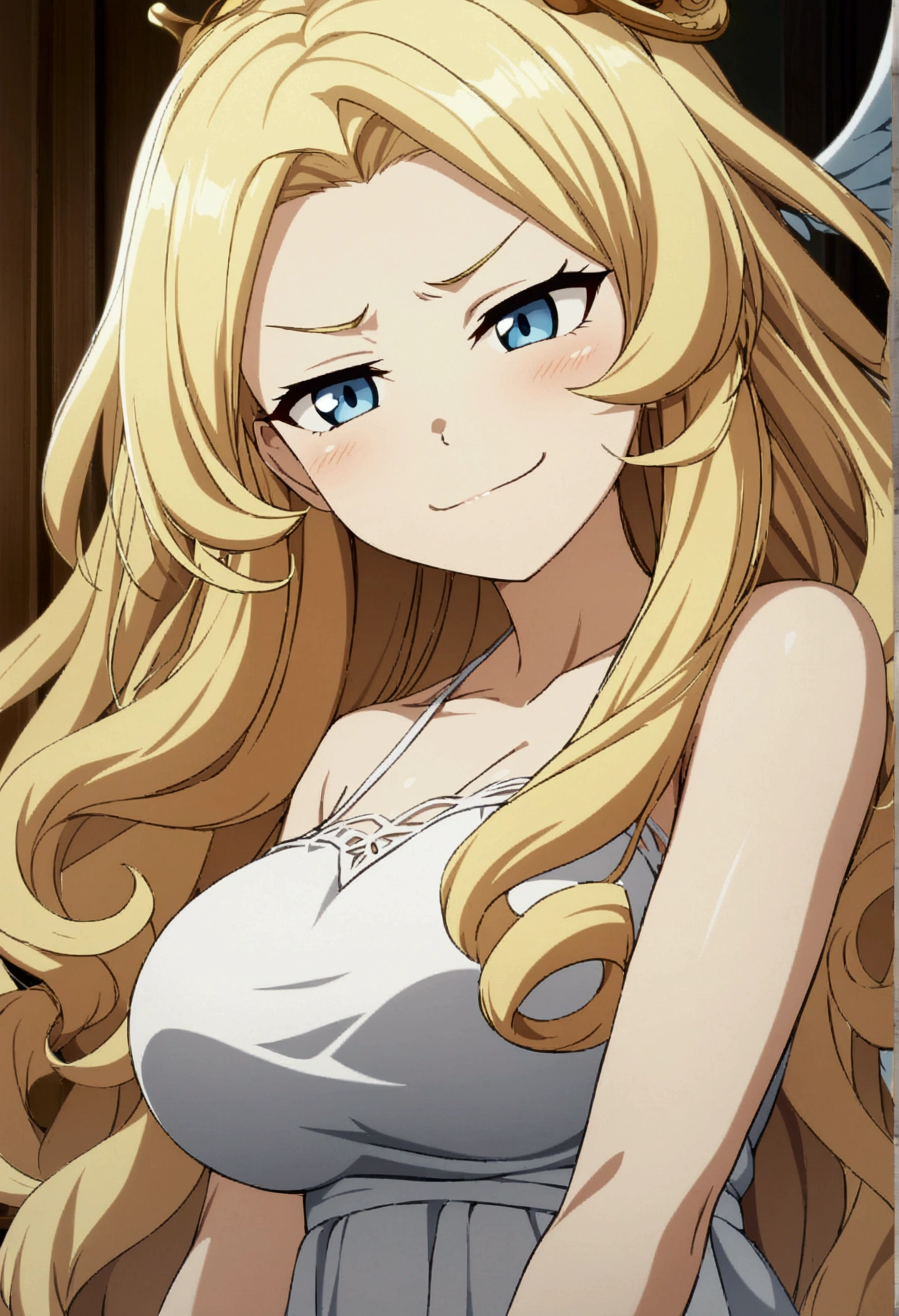 best quality, ultra high res, 1girl, Irina Jelavic, blonde hair, blue eyes, facing the vkewer, looking at the viewer, big breasts, cleavage, (simple background), white suit, white beret, close-up, (light smile), blush