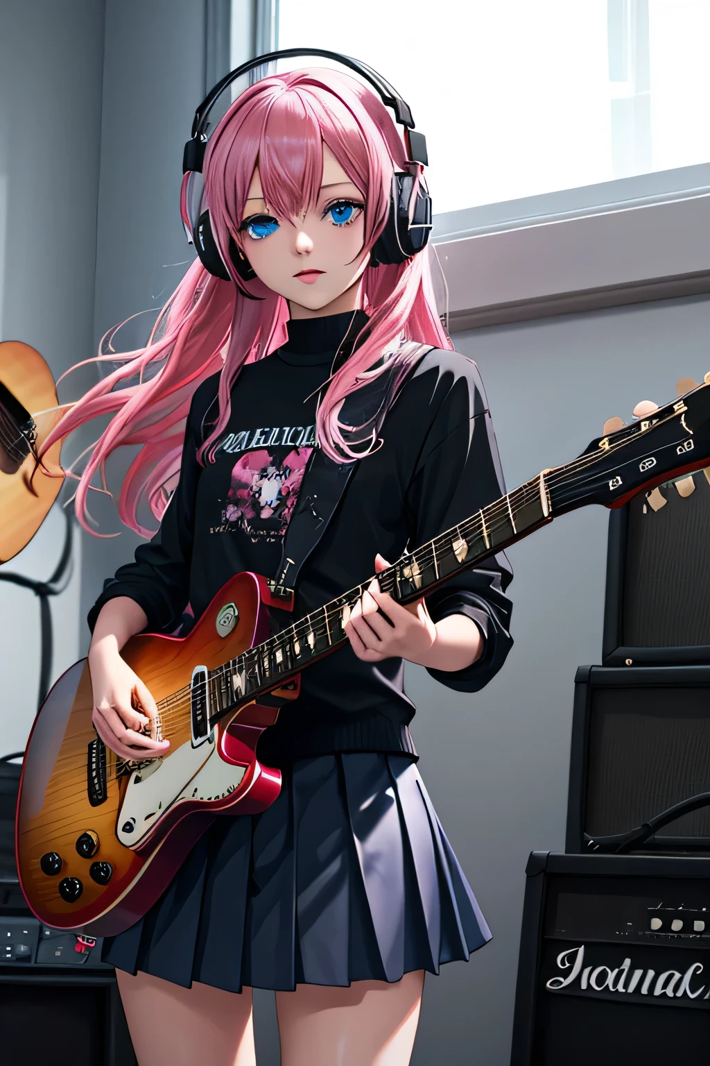 ((masterpiece,best quality))1girl, solo, black skirt, blue eyes, electric guitar, guitar, headphones, holding, holding plectrum, instrument, long hair, , music, one side up, pink hair, playing guiter, pleated skirt, black shirt, indoors