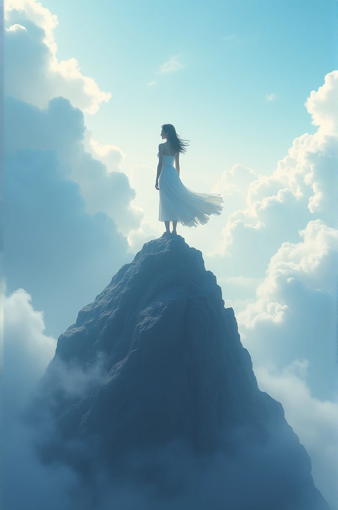 Silhouette of a short-haired woman climbing to heaven with the name Luz Dary, that the woman is more adult, the sky is blue and says Luz Dary climbing some stairs to heaven 
