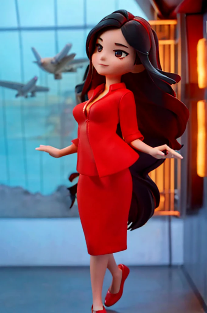 1girl, Masterpiece:1.2, best quality, 8k, UHD, knee shot, portrait, cinematic light, one 20s woman, airasia flight attendant uniform, slim and perfect figure, perfect body proportions, beautiful, pretty, black long hair, dynamic pose, red suit, red skirt, claymation style, chibi, in airplane