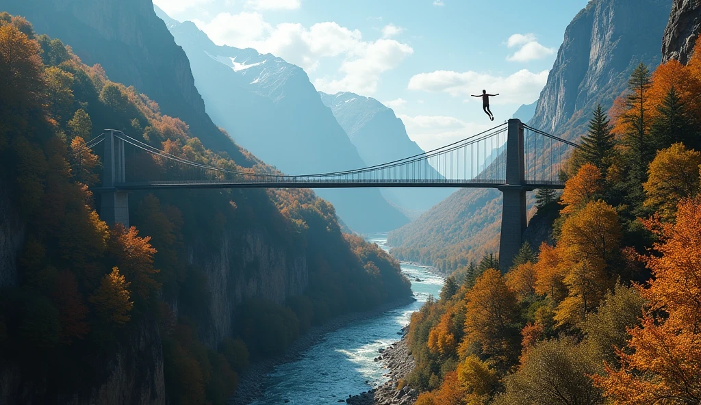 Backside view of a person bungee jumping from a bridge, a beautiful ...