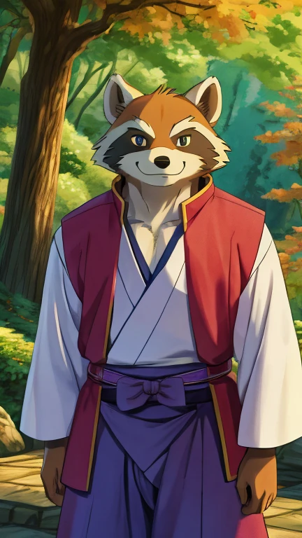 (male, solo, racoon), highly insanely detailed, masterpiece, top quality, best quality, highres, 4k, 8k, RAW photo),((innocent look)),((ghibli style)),From the front, symmetrical composition,smile,cute,Innocent,Kind eyes,Flat chest,digital art Style, Japanese garden, (sasaki kojirou),front view, Upper body, japanese clothes, hakama 