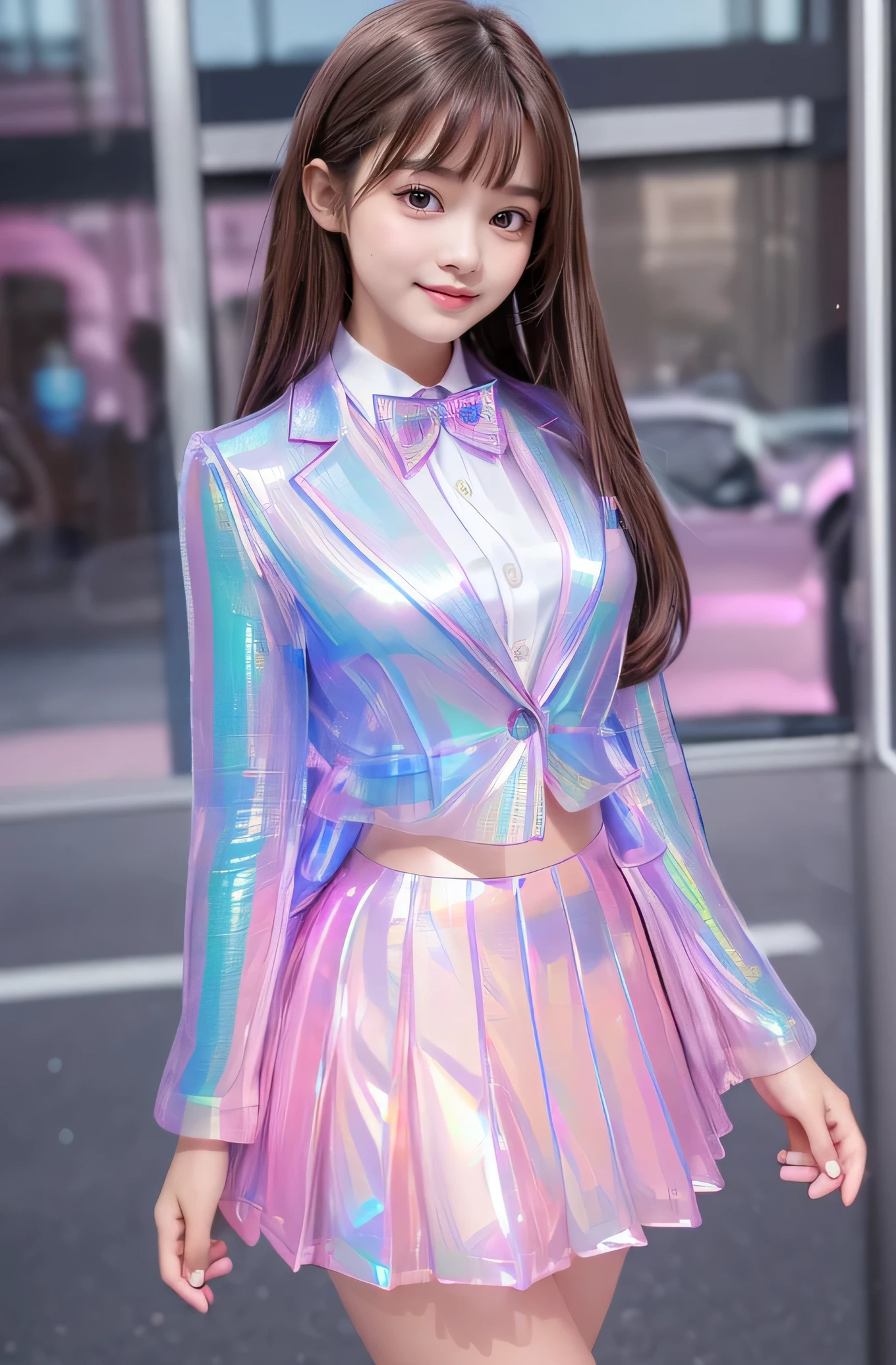 Very beautiful cute girl) (very cute face:1.2),(),(sparking clear attractive large eyes:1.2), Beautiful detailed eyes, Detailed double eyelids, smiling, (realistic photograph:1.1), in the street,
(Super Shiny Metallic pink transparent holographic Blazer and Pleated Skirt :1.3),School uniform, Blue Ribbon bow Tie,
(brown hair:1.2),professional portrait ,costume with very smooth and strong reflective surfaces