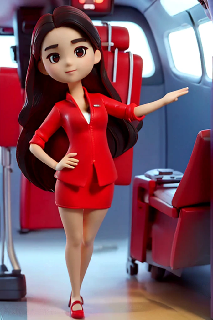 1girl, Masterpiece:1.2, best quality, 8k, UHD, knee shot, portrait, cinematic light, one 20s woman, airasia flight attendant uniform, slim and perfect figure, perfect body proportions, beautiful, pretty, black long hair, dynamic pose, red suit, red skirt, claymation style, chibi, in airplane