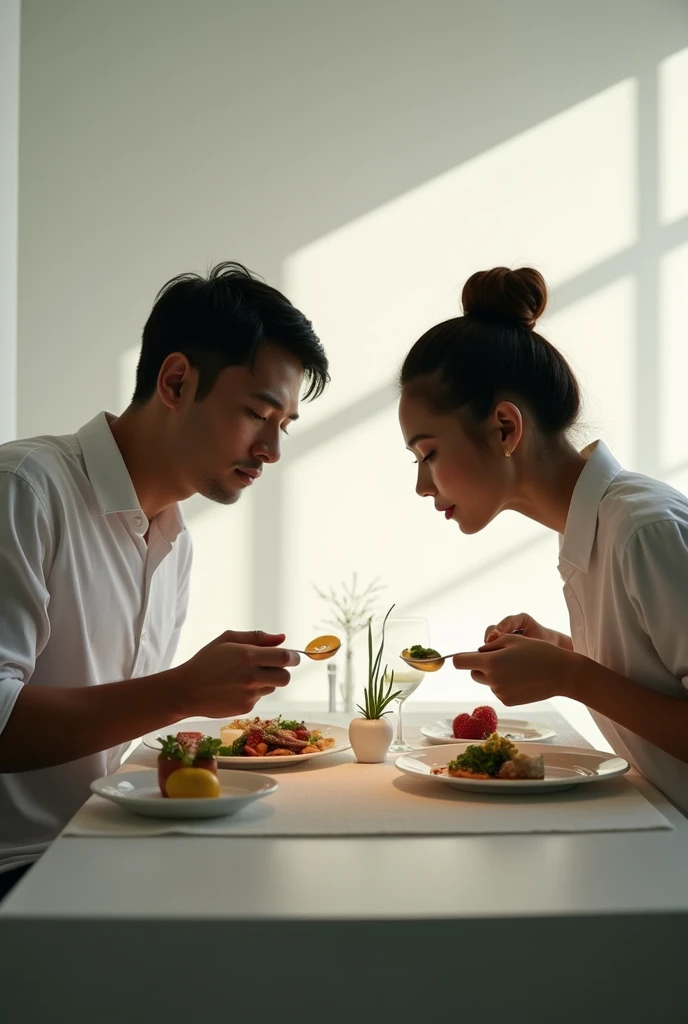 High Resolution, Masterpiece, Accurate, Best Quality, Detail, High Quality, realistic photo. A young 20 years old asian women, long dark hair, white skin, height: 155 cm, weight: 45 kg. A 2 man, short straight hair, height: 160 cm, weight: 55 kg. They are in a kitchen. They are standing close together, with the man's arm around the woman's waist. The woman is wearing a brown apron and has long dark hair. The man is wearing a white shirt. They both have big smiles on their faces and are looking at each other lovingly. In the background, there is a wooden shelf with various kitchen items, including a jar of honey, a bunch of garlic, and a vase of flowers. On the table in front of them, there are plates of food and a glass of wine. The overall mood of the image is happy and romantic.