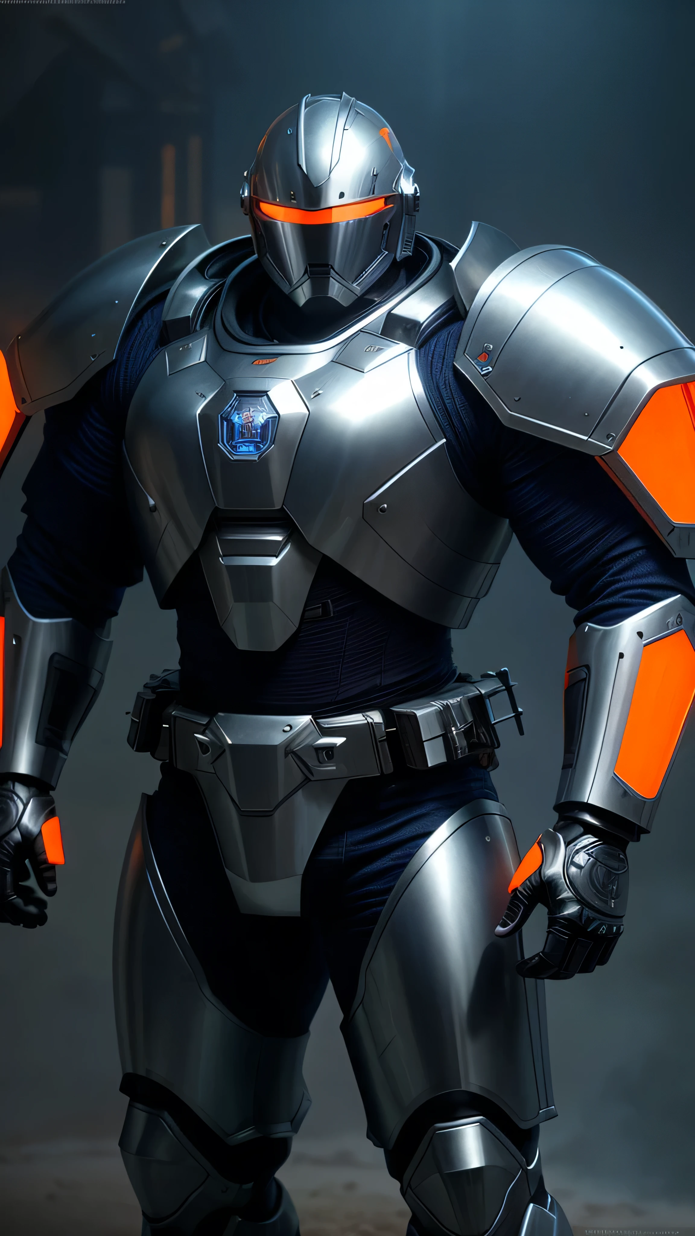 massive futuristic knight, heavy high-tech armor, distinct helmet, glowing visor, metallic blue and silver armor, orange highlights, traditional medieval design, modern high-tech elements, intricate engravings, bulky mechanical parts, standing tall, broad shoulders, thick muscular frame, cold misty background, epic, cinematic, (insanely detailed, beautiful detailed face, masterpiece, best quality), cinematic lighting, 1man, solo, full body view, (front view), looking at viewer, intricate, high detail, sharp focus, dramatic, photorealistic painting art by greg rutkowski