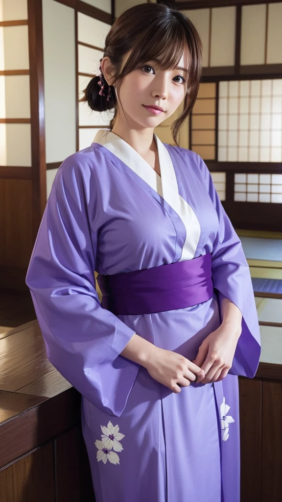 best quality, ultra high res, (photorealistic:1.4), RAW photo, (upper waist:1.4), (bokeh:1.7),(Window light only:1.6), (in bright japanese-style room:1.5),(bright:1.5) 1indian girl, (solo), (smile:1.2,open mouth:0.7), (dark brown eyes), natural skin, (brown updo hair,bangs),standing (blue silk kimono),(obi), natural skin texture, hyperrealism, hdr, hyperdetailed, RAW photo, photorealistic, best quality, highres, realistic, 8k, caustics, dynamic light, beautiful and delicate lips, delicate fingers, detailed pupil, real human skin,