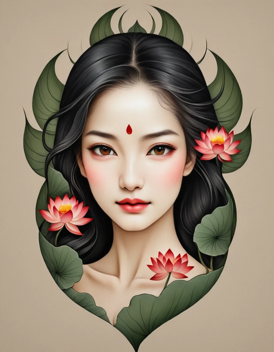 Modern minimalist art，（Close up of a woman with a lotus tattoo on her neck）,Esta mulher tem um rosto Delicate e encantador，long black hair，（Transparent lotus tattoo on neck：1.3），Flowing Hair Vignette，Beautiful face，red fox, delgado, beautiful eyes， arte digital elegant, beautiful digital illustrations, beautiful figure painting, with small splashes of paint around and paint running down the bottom of the painting, rich in details, work of art, good taste, innovative, elegant, refined, Delicate