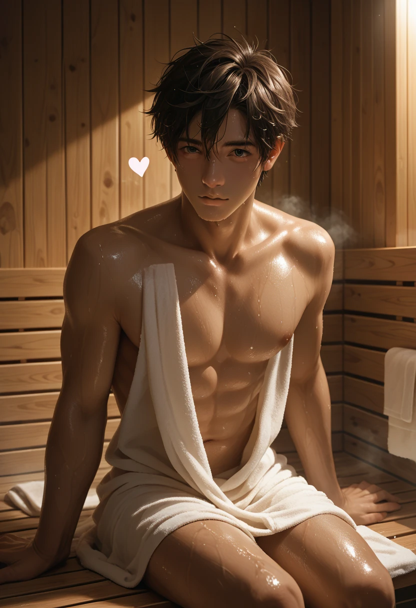 Malagasy 1boy,totally nude, 1, sitting in sauna, wet, sweaty, sitting on towel, perfect cute face, perfect body, ,heart ,sexy pose, cleavage, dramatic lighting, steam , sexy view