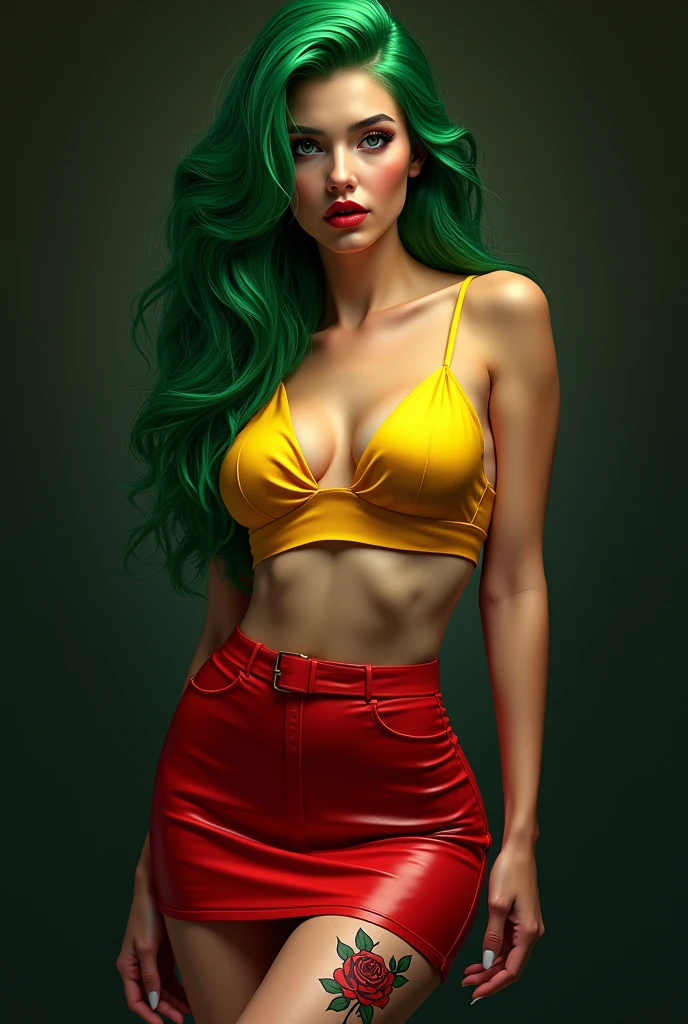 studio photography of a stunning alluring fishnet goddess in a red and yellow outfit braless beautiful with random moll , slim fit body, abs, lease long hair with blue glow, , dark green smoke backdrop, free and bold personality photorealism, hyper realistic concept art, insanely detailed, intricate,, 16k rendering, by WLOP, ,, detail aesthetic, unforgettable, impressive, breathtaking beauty,
